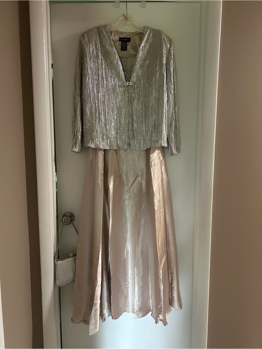 Alex Evenings Silver Metallic Jacket with Cream Satin Maxi Skirt